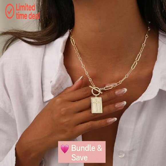 14K Gold Plated Cross Pendant Necklace 16.55" Paperclip Chain Toggle Clasp - Picture 4 of 8